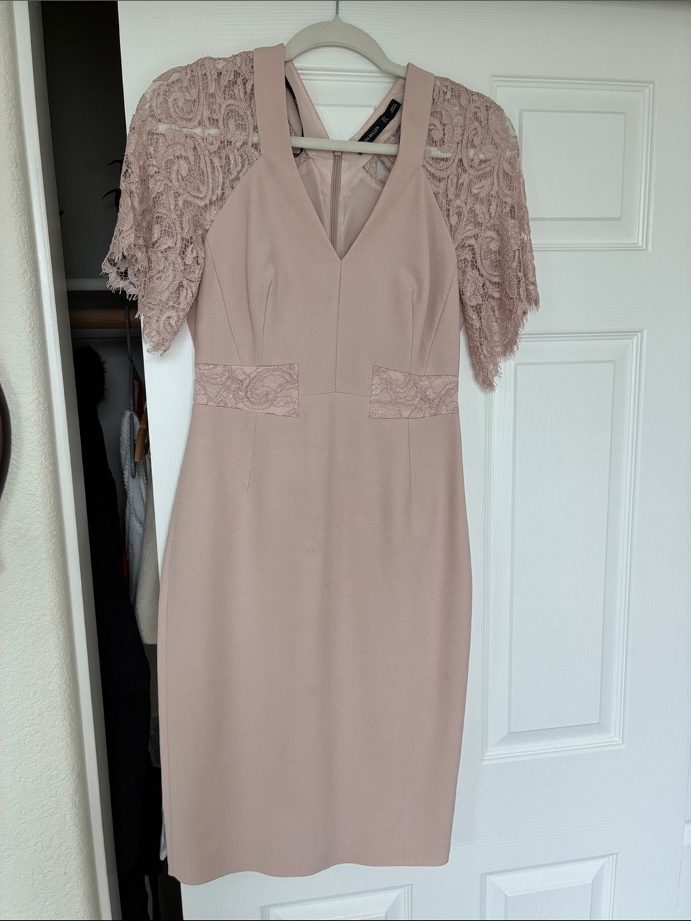 Karen Millen Blush Lace-Sleeve Midi Sheath Dress